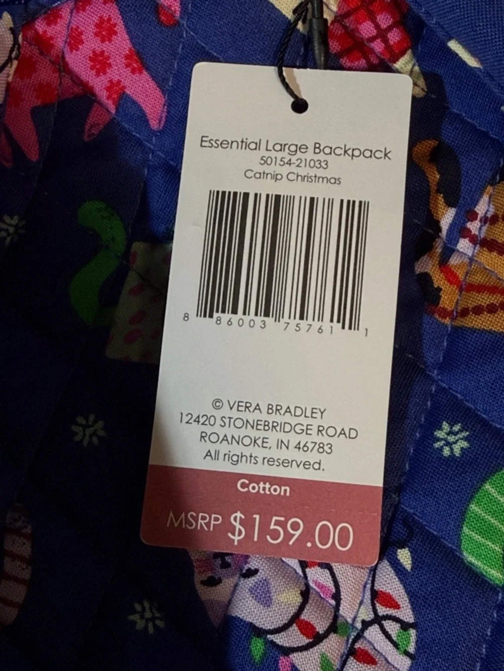 Vera Bradley Essential Large Backpack in Catnip Christmas NWT